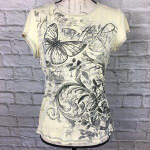 Dress Barn Pale Yellow Butterfly T-Shirt Size M